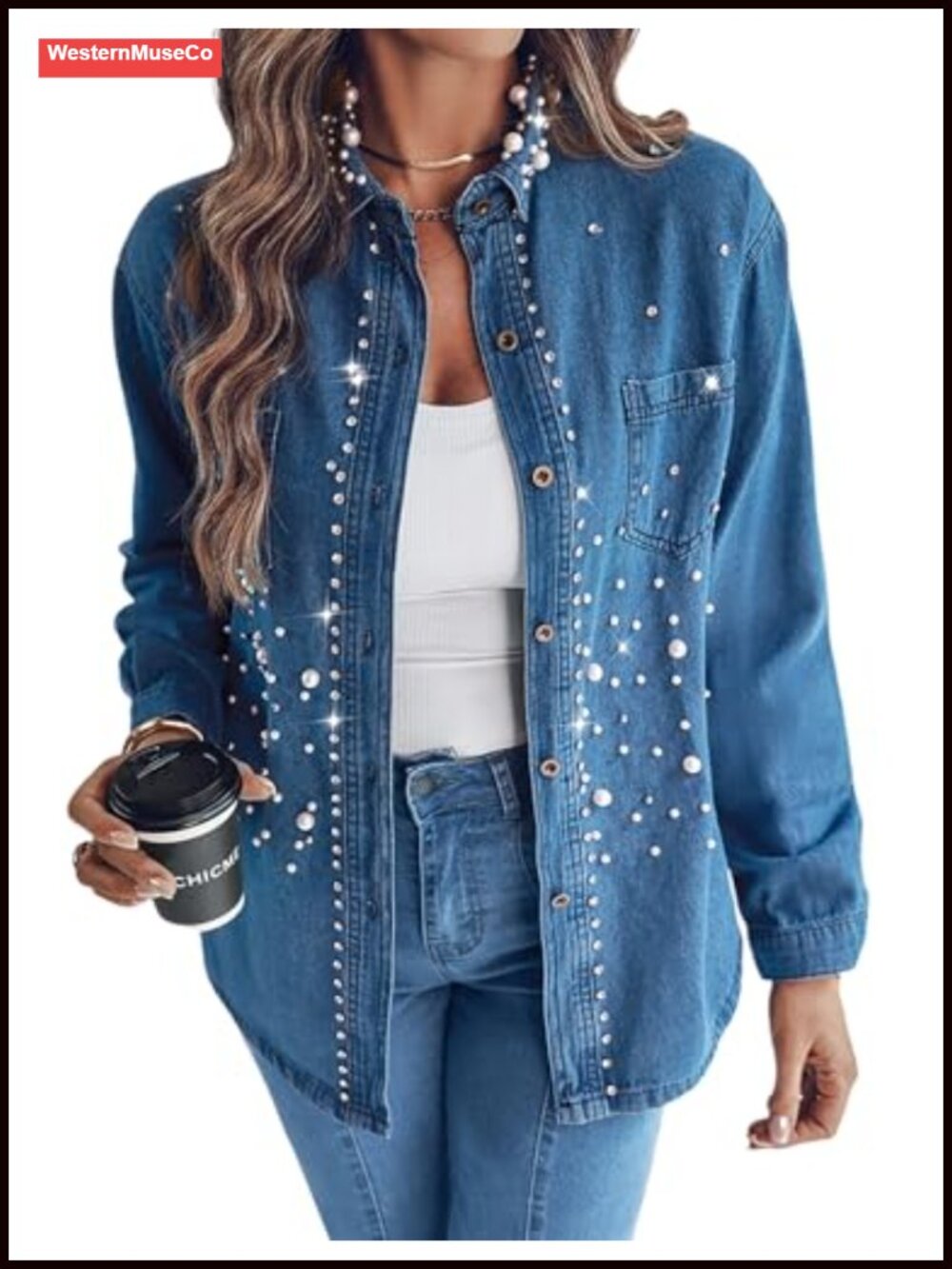 Button Down Denim Shirt Faux Pearl Rhinestone Embellished Casual Top
